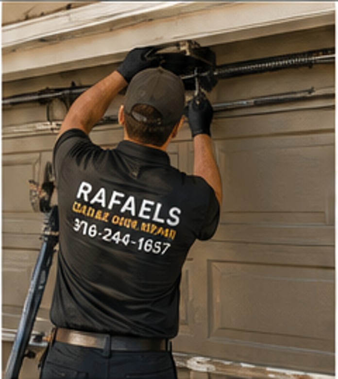 Illustrative technician working on garage door hardware