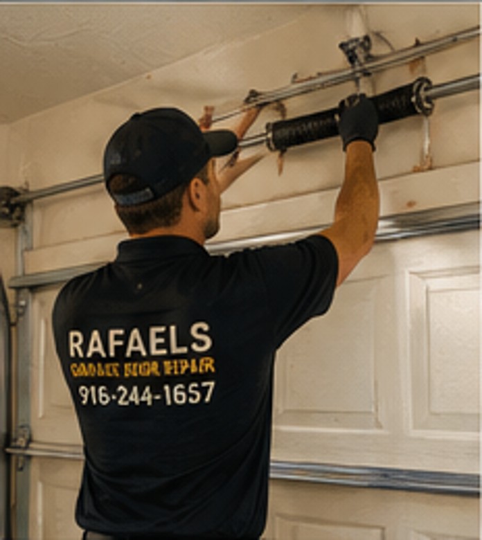 Illustrative technician servicing a garage door